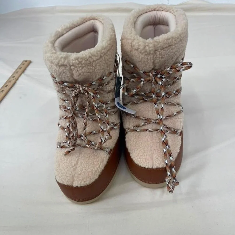 Cream & brown‎ platform boots with brown & beige striped laces